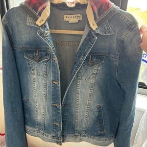 Bullhead Blue Jean Jacket with Red Plaid Hood
